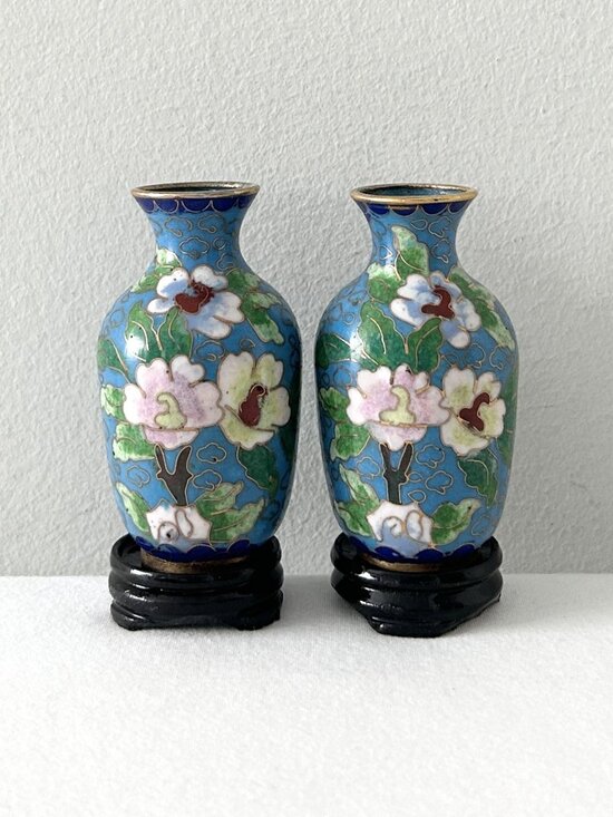 Other - Set of 2 Vintage Miniature Cloisonne Vases With Base Floral Blue Enamel Brass